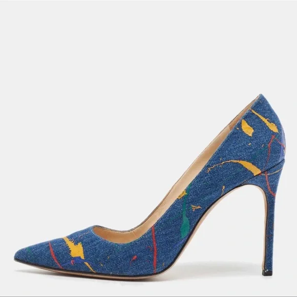 Manolo Blahnik Denim Paint-Splatter Pumps, Size 42 - Picture 2 of 9